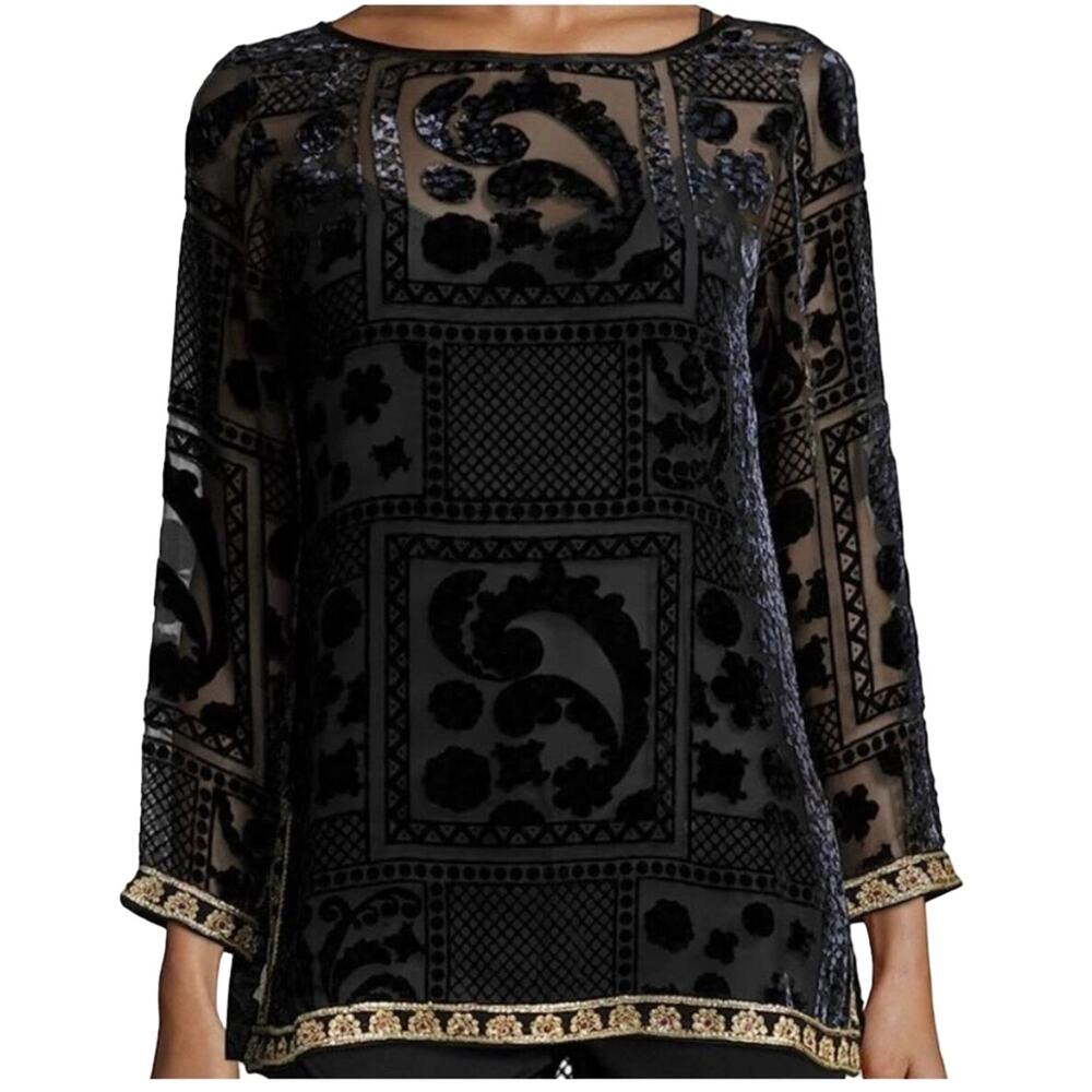 Calypso St Barth Top Mianette Black, Gold Velvet Burnout Long Sleeve Top Size XS